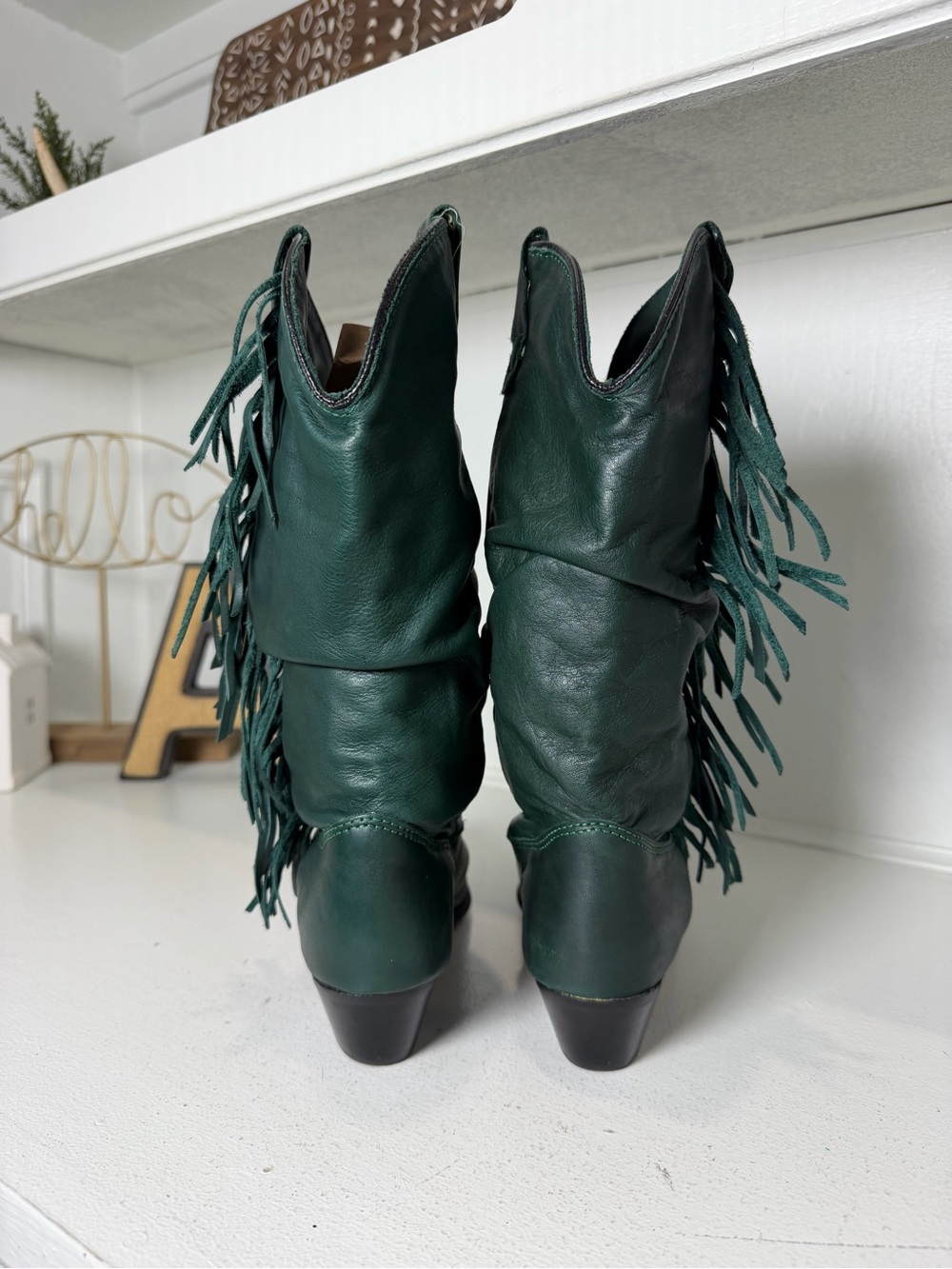 Vintage Dingo Womens 6.5M Forest Green Leather Fringe Cowboy Boots Tall Western - Picture 6 of 9